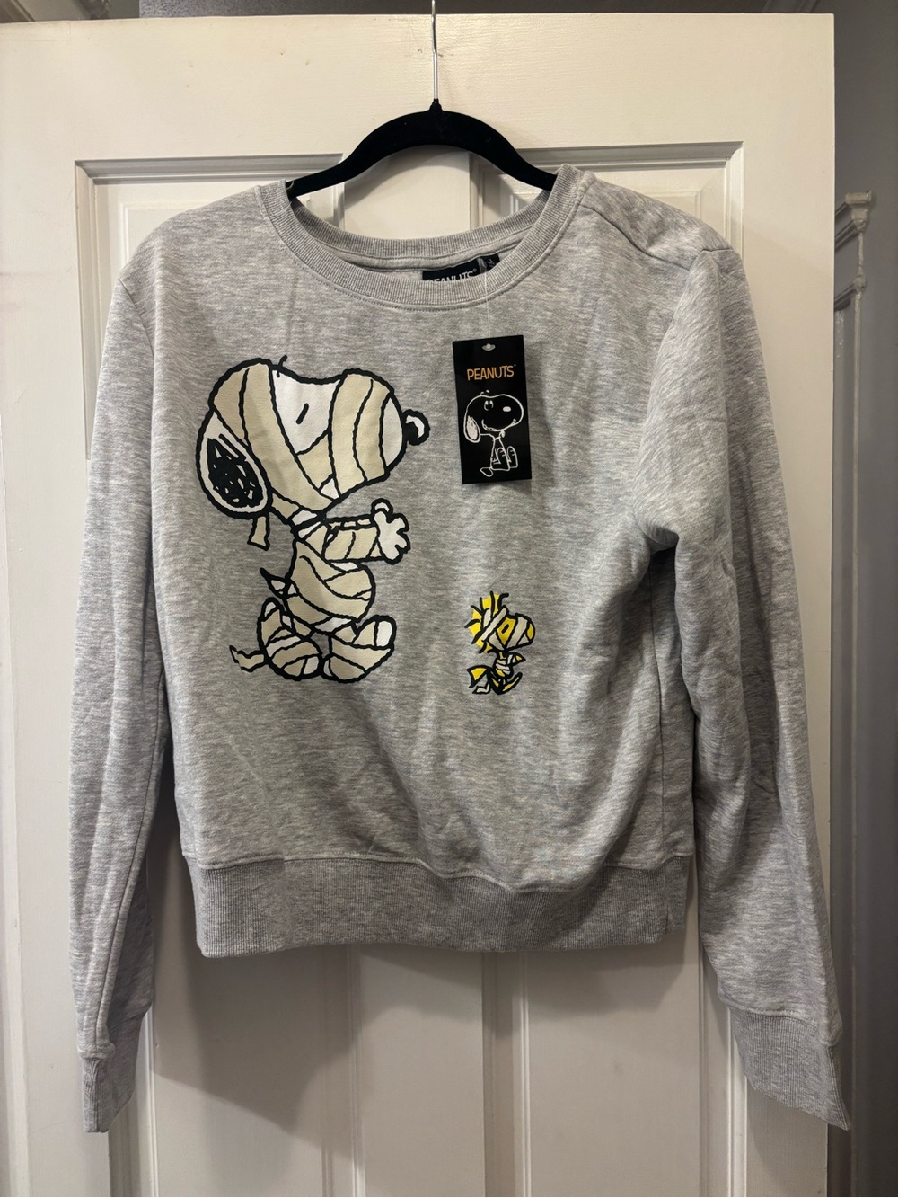 Peanuts Gray Crewneck Sweater with Mummy Snoopy and Yellow Woodstock